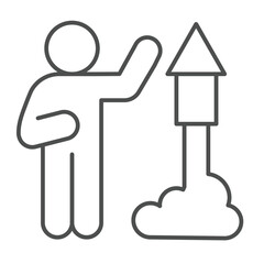 Obraz premium Firecracker rocket launch and man thin line icon, happy christmas concept. Vector graphics. Fireworks with human sign on white background, linear style icon for mobile or web design.