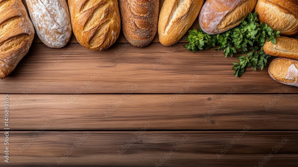 Poster wooden table with a variety of breads and herbs on it. the breads are arranged in a row, with some b