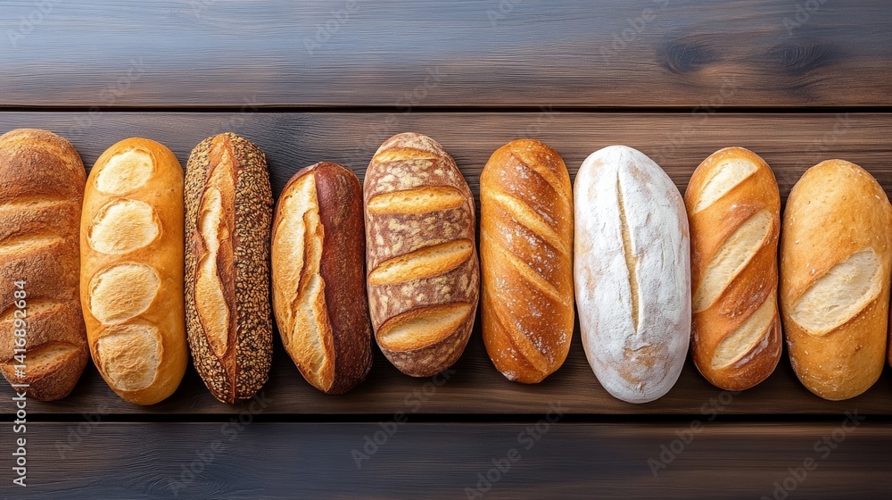 Poster row of different types of bread on a wooden table. the breads are of various shapes and sizes, and t