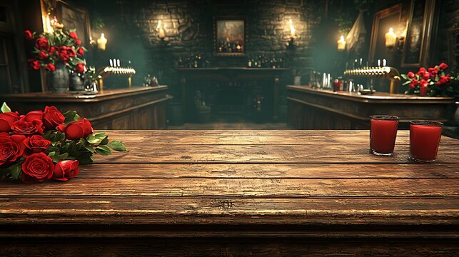 Dark, romantic tavern interior, with roses and drinks on a wooden bar.