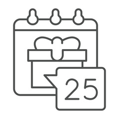 Calendar date with gift box thin line icon, merry christmas concept. Vector graphics. Date of Christmas holiday sign on white background, linear style icon for mobile or web design.
