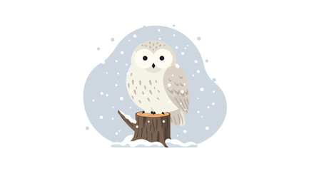 White snowy owl perched on tree stump in winter scene with snowflakes falling flat design vector illustration