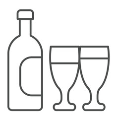 Glasses of wine drink and bottle thin line icon, winery concept. Vector graphics. Wine drink bottle and glasses pair sign on white background, linear style icon for mobile or web design.