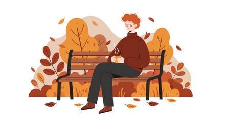 Young man with red hair sitting on park bench surrounded by autumn leaves in warm colors flat design vector illustration