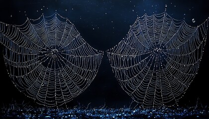Two intricate spiderwebs, glistening with dew drops, against a dark backdrop.