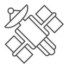Satellite with antenna dish thin line icon, cosmos concept. Vector graphics. Orbital space satellite sign on white background, linear style icon for mobile or web design.