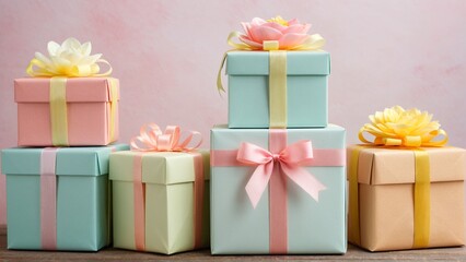 Obraz premium Pastel Presents: A Sweet Collection of Gift Boxes Adorned with Ribbons and Flowers, Ready to Delight and Celebrate Special Occasions.