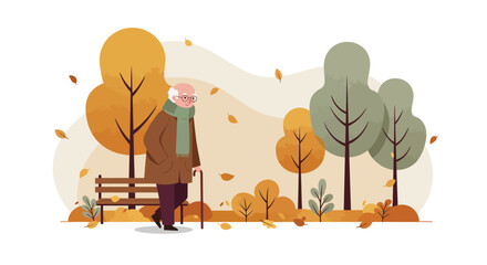 Naklejka premium Elderly woman walking with cane in autumn park flat design scene with colorful trees and falling leaves vector illustration