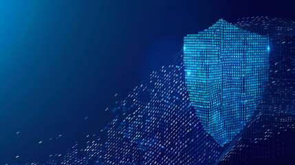 Digital shield constructed from binary code floating on a dark blue gradient background design element