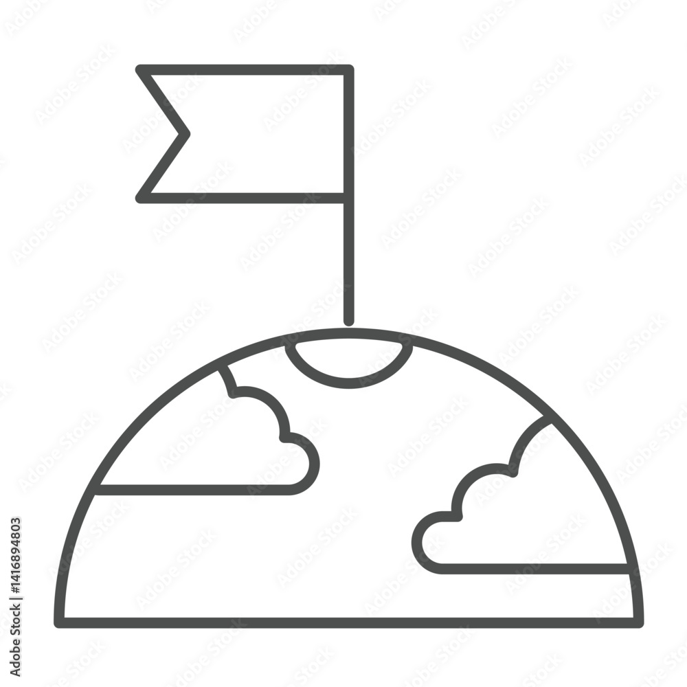Poster planet surface with clouds and flag thin line icon, cosmos concept. vector graphics. first tearer ma