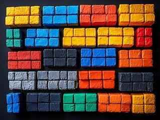 Colorful rectangular blocks arranged in a geometric pattern on a black surface.