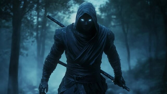 Stealthy assassin wielding katana, emerging from misty forest in an intense standoff