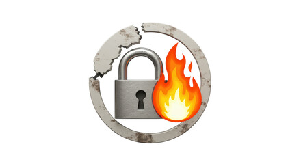 Isolated Padlock with Flame and Damage Icon