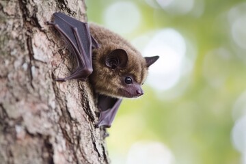Obraz premium Close-up of a bat on tree trunk in natural habitat with green background