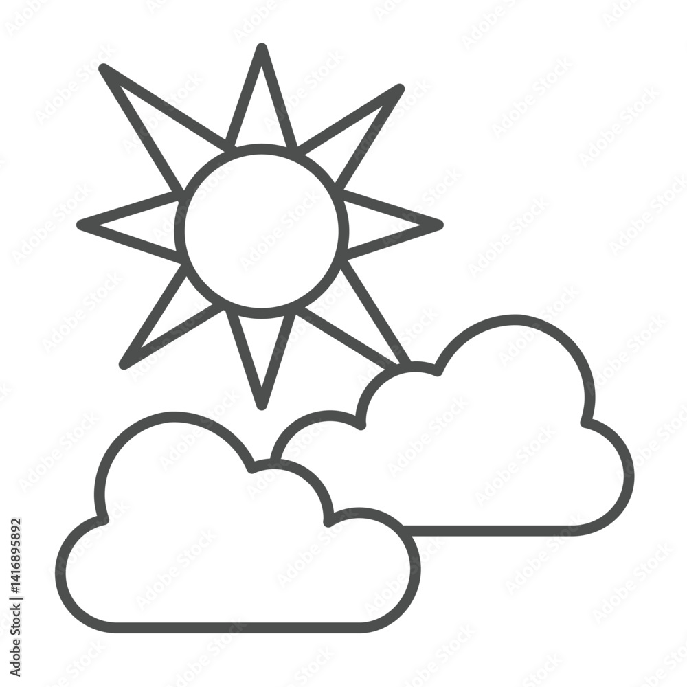 Poster clouds and sun with light rays thin line icon, climate change concept. vector graphics. sunny weathe