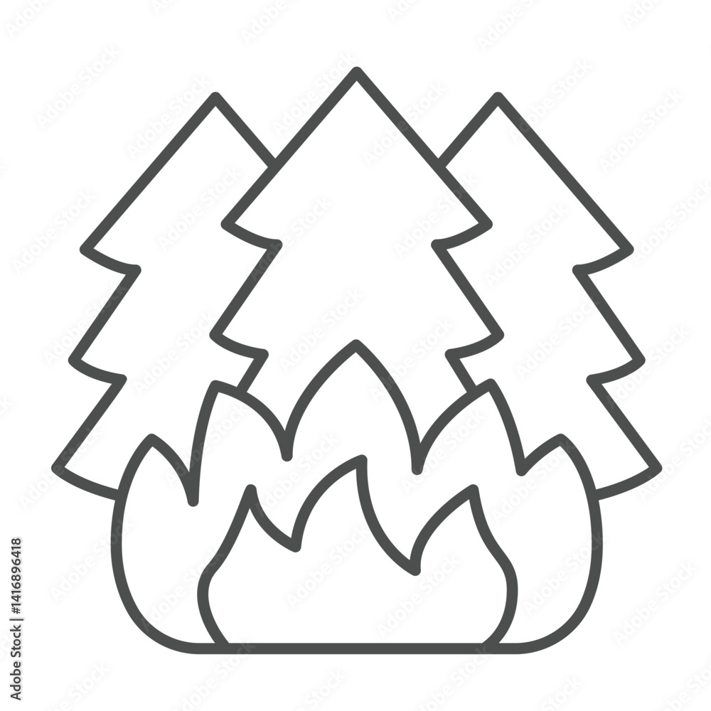 Poster fire in forest thin line icon, climate change concept. vector graphics. fir tree forest with fire, d
