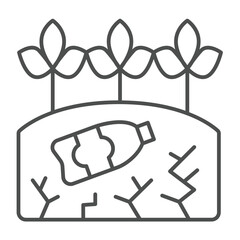 Plastic bottle under plants thin line icon, climate change concept. Vector graphics. Soil ground cut and leaves plants sign on white background, linear style icon for mobile or web design.