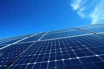 Close-up of solar panel array under clear blue sky