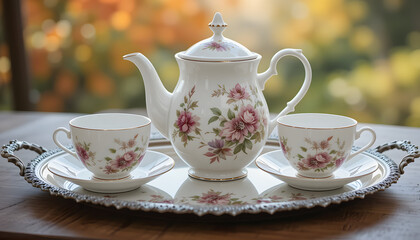 Elegant Floral Tea Set on Ornate Silver Tray in Autumn Outdoor Setting
