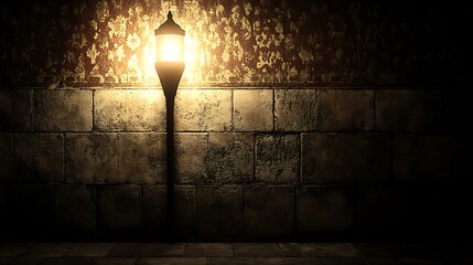Illuminated antique lantern against a weathered stone wall.