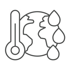 Thermometer and earth with drops thin line icon, climate change concept. Vector graphics. Planet, world temperature heating sign on white background, linear style icon for mobile or web design.