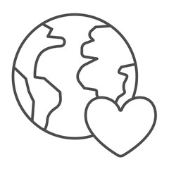 Planet earth and love heart thin line icon, climate change concept. Vector graphics. World globe with heart shape sign on white background, linear style icon for mobile or web design.