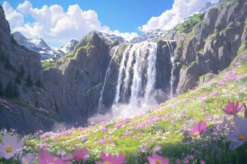 Lush mountainside meadow with a cascading waterfall.
