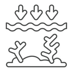 Obraz premium Water surface toxine with sea flora thin line icon, ecology pollution concept. Vector graphics. Underwater coral and silt sign on white background, linear style icon for mobile or web design.