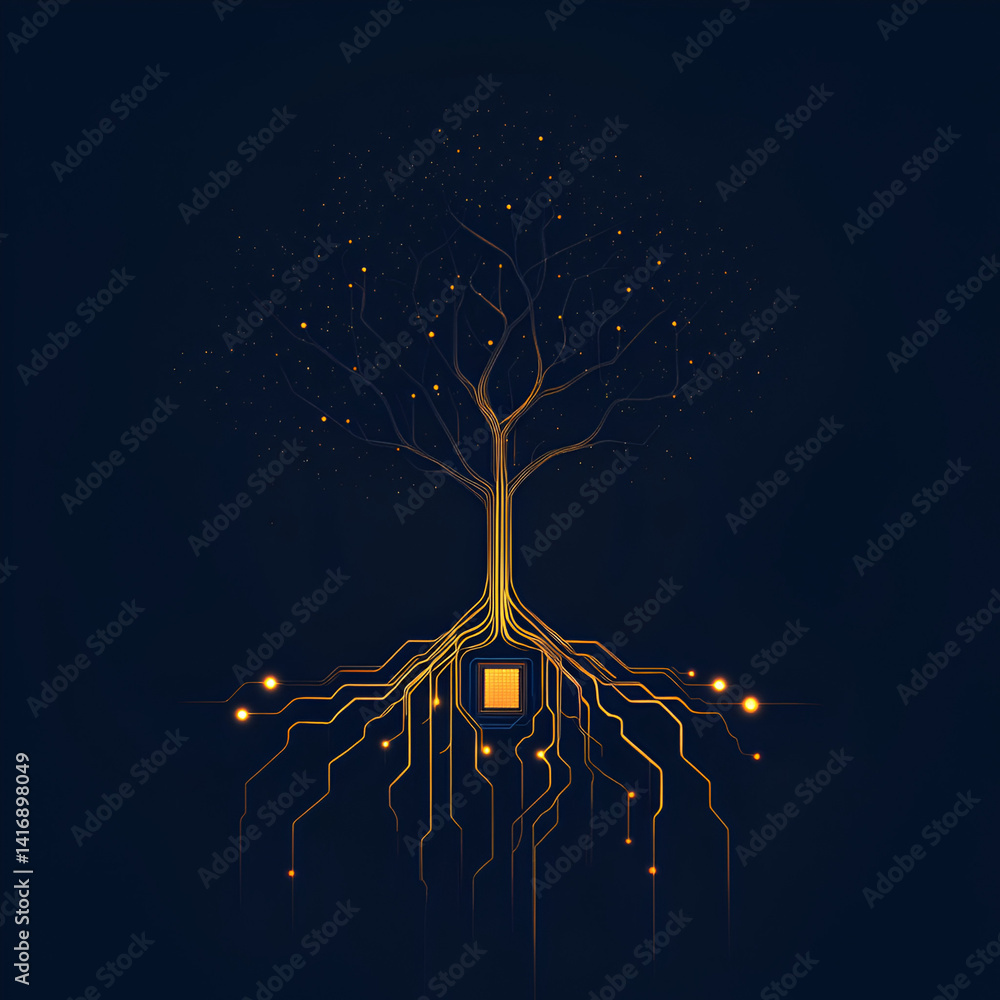 Poster digital tree of knowledge icon technology concept graphic design dark background abstract viewpoint