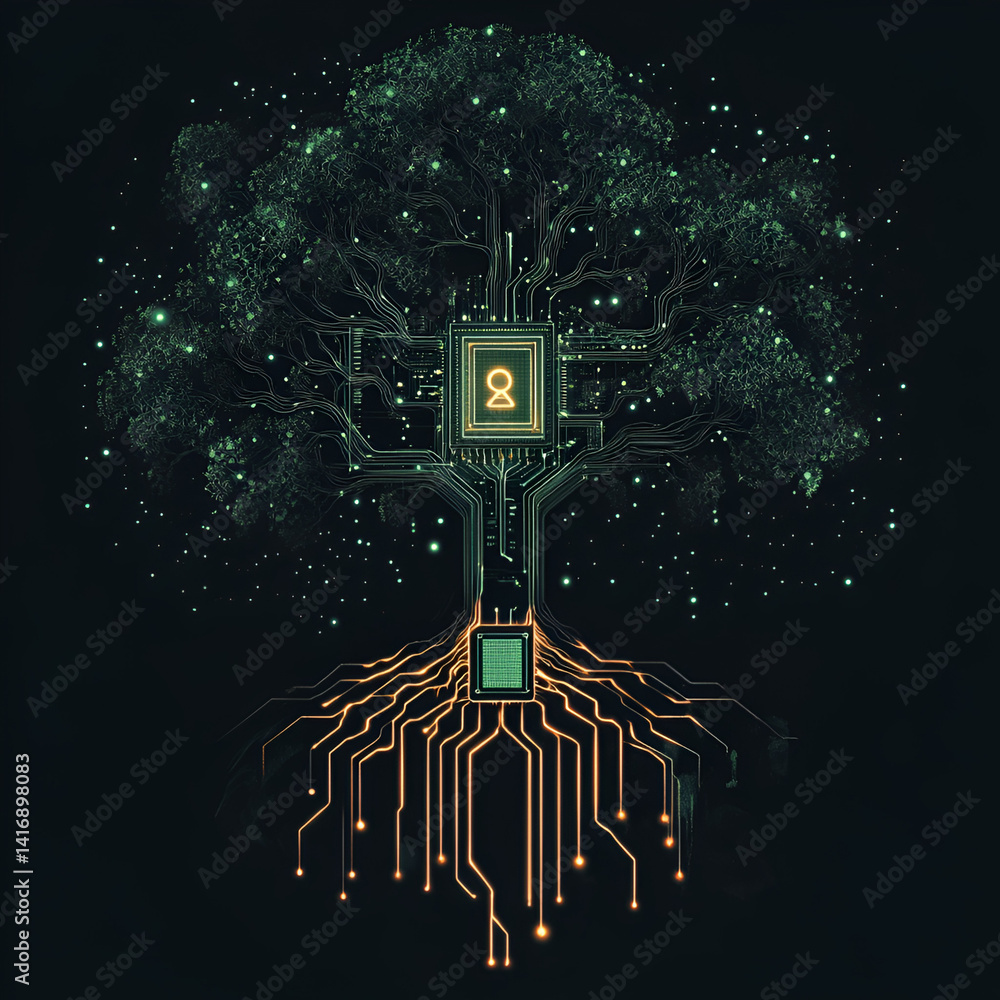 Poster digital transformation tree of knowledge virtual realm graphic art futuristic environment conceptual