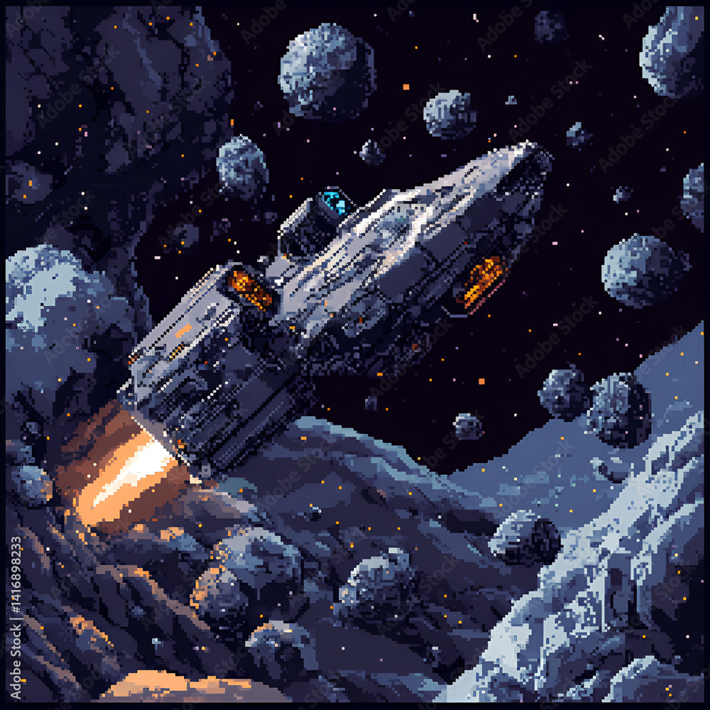 Poster spacecraft navigating asteroid field outer space pixel art cosmic environment dynamic viewpoint adve