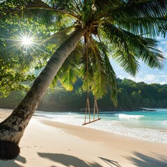 Naklejka premium Beach scene palm tree, swing, bright sun, white sand, and azure water