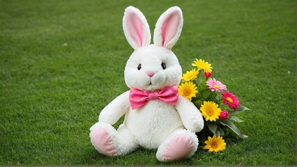 Obraz premium Plush Bunny with Colorful Flowers in a Green Meadow Awaiting the Spring Holiday Celebrations