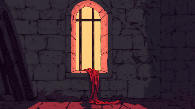 Rahab window with a scarlet cord. Bible story