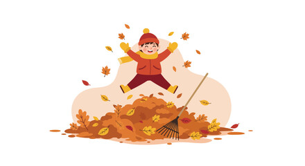 Child jumping joyfully into pile of autumn leaves wearing warm clothes in flat colorful vector art