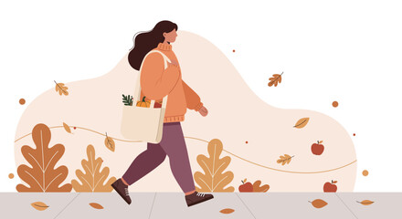 Woman walking outdoors in autumn leaves flat design style casual clothing vector illustration