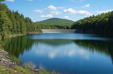 A peaceful lakeside view of a dam, with crystal-clear
