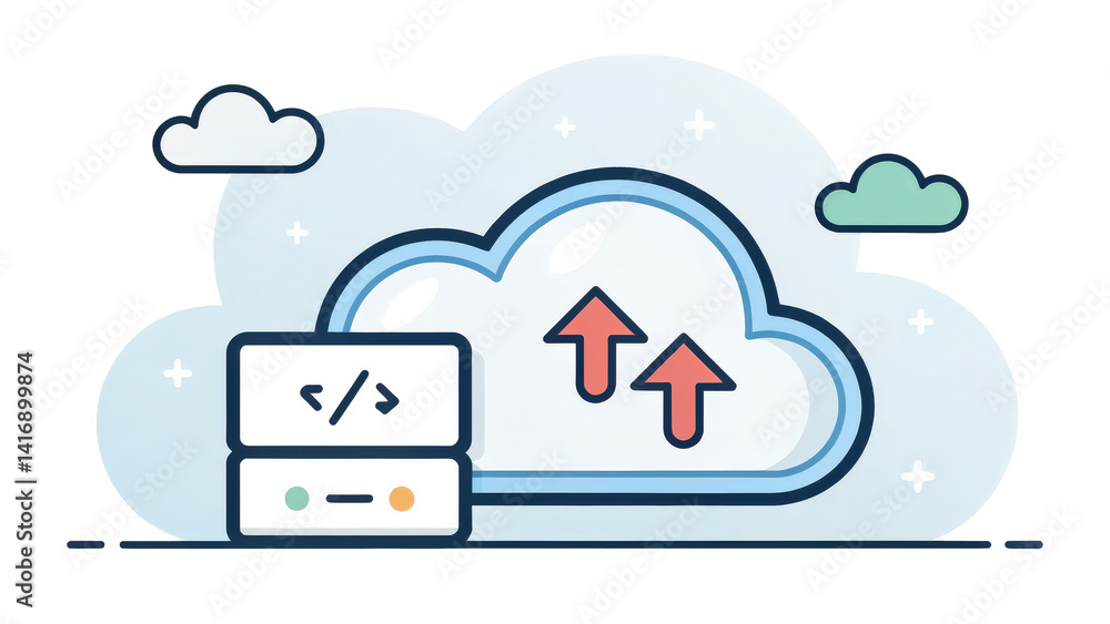 Aufkleber Cloud storage icon with simple cloud shape and upload arrows, representing data transfer and online storage solutions. design is minimalistic and modern, featuring coding elements