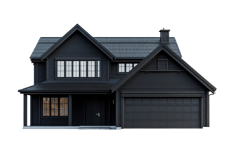 Modern black house with elegant architecture and garage isolated on transparent background