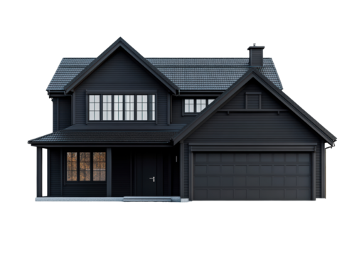 Modern black house with elegant architecture and garage isolated on transparent background