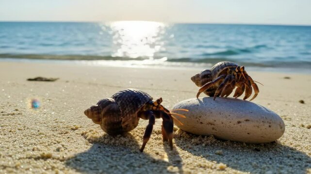 Two hermit crabs on a beach with a sunny ocean backdrop.