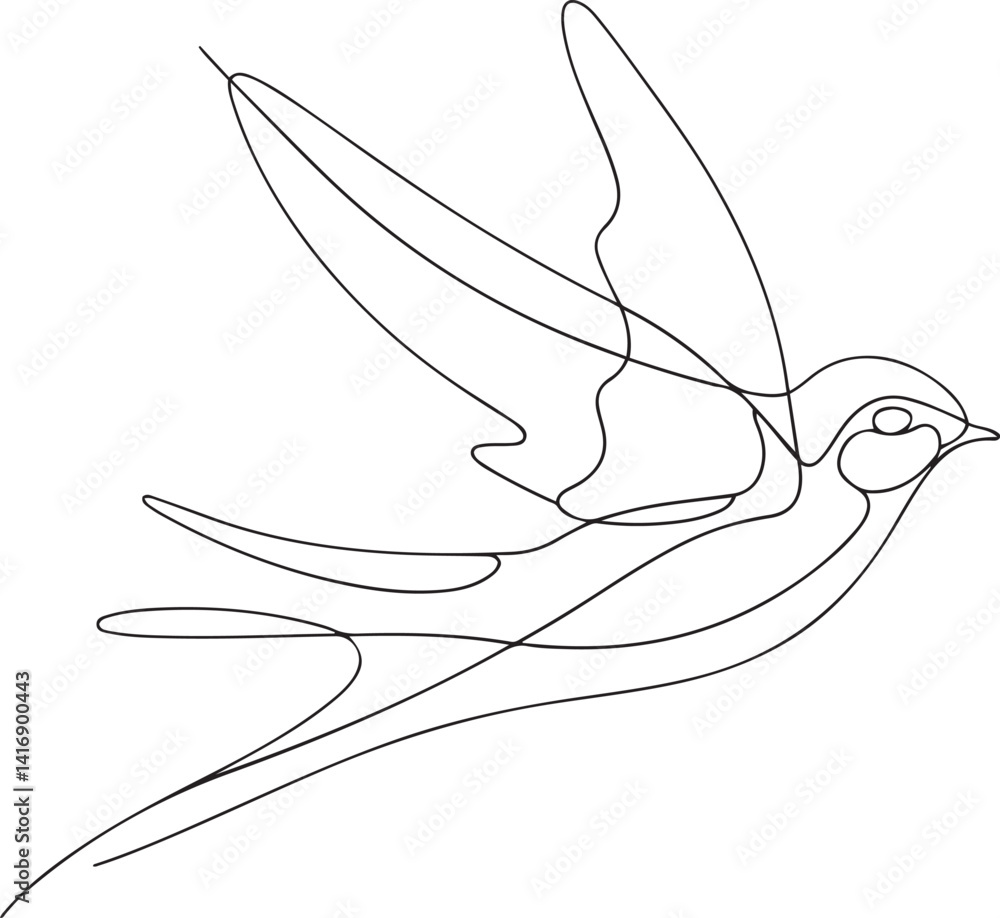 Poster minimalist swallow bird in flight with continuous line art and sleek curves in elegant black and whi