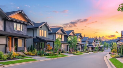 Obraz premium Suburban street row, neatly landscaped, with colorful sunset. Quiet, peaceful, and serene neighborhood street
