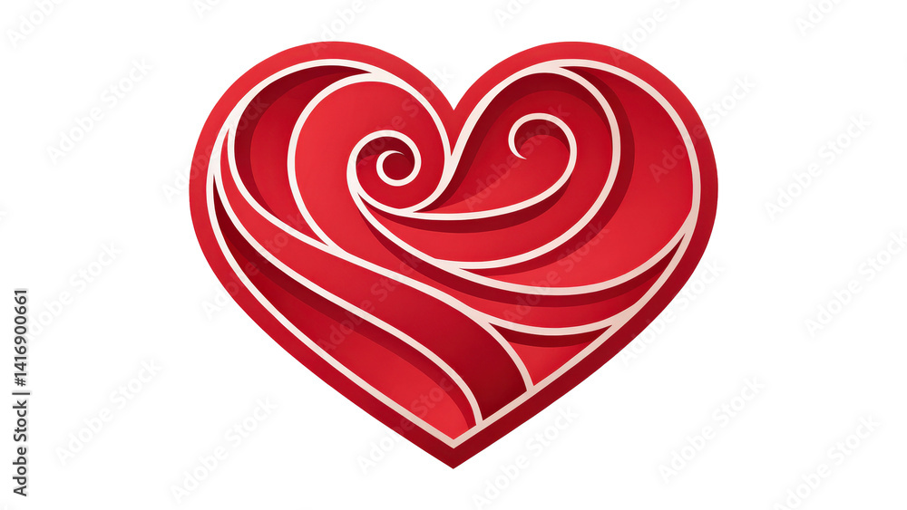 Poster bold red heart icon with smooth curves and intricate swirls, creating sense of elegance and romance. design features layered effect, adding depth and dimension