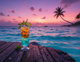 Tropical cocktail on wooden deck with ocean sunset view