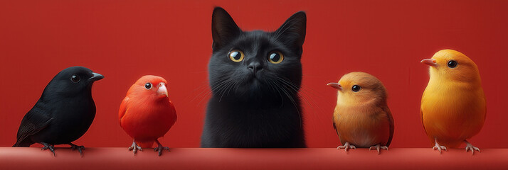 Fototapeta premium Little birds and black cat on red background.
