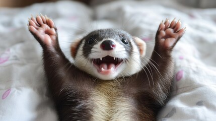A ferret lays on its back with tiny paws in the air, its mouth slightly open in a happy smile.