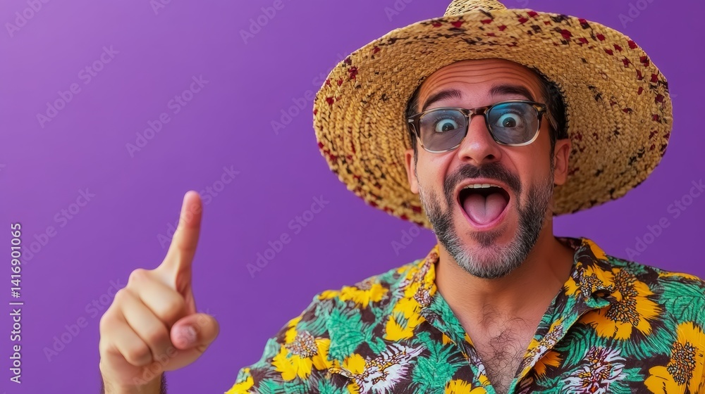 Poster man wearing a straw hat and glasses is pointing at something. he is smiling and he is excited