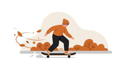 Young boy skateboarding outdoors in autumn with warm clothing and falling leaves flat design vector illustration