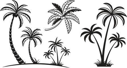 Black Palm Tree Silhouette Icons for Tropical Design | Palm Tree Silhouettes Set for Summer and Beach Art | Tropical Palm Tree Clipart Collection | Palm Tree Outline Icons for Travel